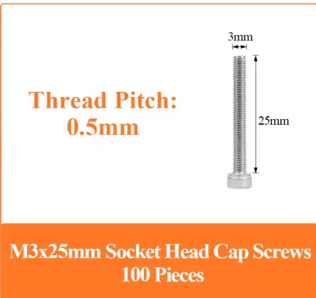 100 Pieces M3 x 25mm, Thread Pitch 0.5mm, 304 Stainless Steel (18-8) Hex Socket Head Cap Screws, Fully Threaded